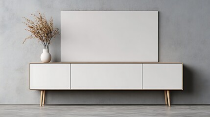 White furniture with canvas, plant, and concrete wall