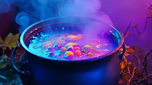 Colorful cauldron bubbling with mysterious potion under vibrant lighting at a mystical gathering at night