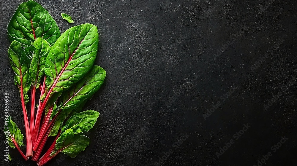 Poster a colorful array of green and red leafy veggies on a dark background, featuring text space on the le