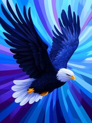Fototapeta premium Majestic Eagle in Flight - A powerful eagle soars against a vibrant blue and purple abstract background. Its wings are spread wide, showcasing its majestic presence
