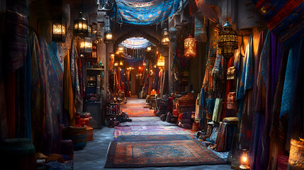 Obraz premium A vibrant desert marketplace at twilight, with glowing lanterns casting warm light on colorful fabrics and spices