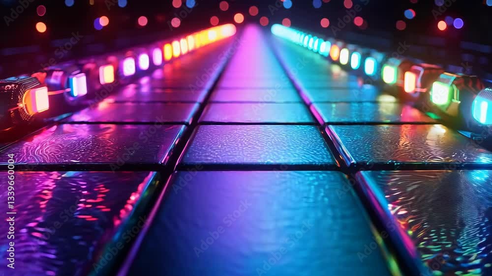 Poster colorful lighted path with a blue background. the lights are arranged in a row and are of different 