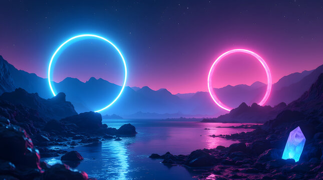 Neon Rings Landscape with Crystal - Glowing Blue & Pink Circles in Mountain Scenery Futuristic Night Scene Rocks Water & Neon Aesthetic