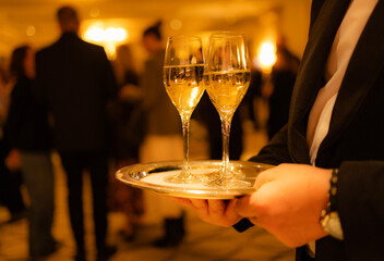 A well-dressed server holds a silver tray with two champagne glasses at a high-class gathering, surrounded by guests enjoying the luxurious atmosphere.