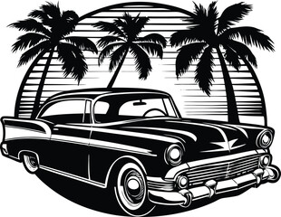 classic vintage car, likely from the 1950s, placed against a scenic backdrop of palm trees and a setting sun. The black-and-white illustration highlights its sleek design and retro charm.