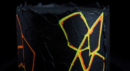 Decorated Black Cake with Bright Geometric Lines Close Up Shot