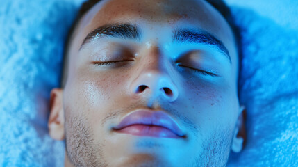 Peaceful Man Relaxing with Blue Light Therapy