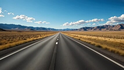 A long empty road stretches across a desert landscape. The sky is clear, cloudy and blue