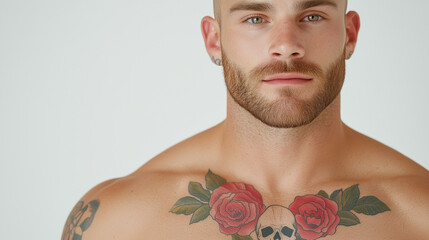Tattooed Bald Man with Beard and Skull Rose Design