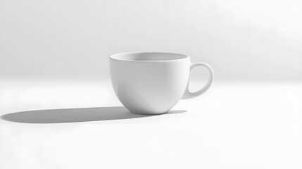 A single white mug sits on a white surface