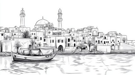 Libyan Coastal Cityscape: Peaceful Harbor and Ancient Architecture - Serene harbor, ancient buildings, peaceful atmosphere, coastal life, Mediterranean culture. A tranquil scene symbolizing history