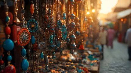 Naklejka premium A vibrant display of handcrafted jewelry at a Moroccan desert bazaar, with intricate details catching the sunlight