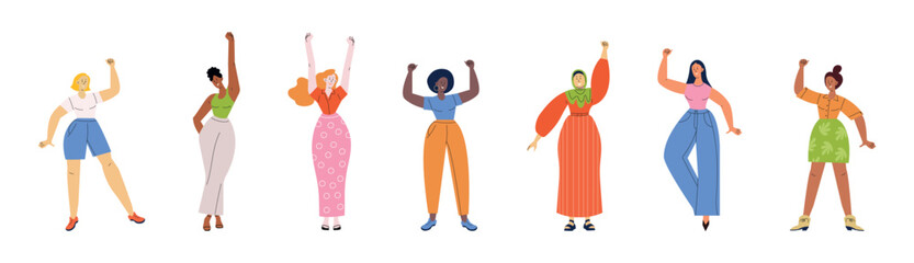 Diverse, happy women standing together, smiling warmly while raising their fists in celebration. A flat vector illustration representing diversity, unity, and inclusion.  Accelerate action, IWD 2025.