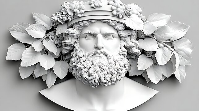 Statue bust with leaves, flower crown, grey background