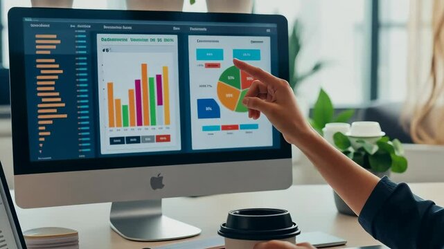 A dedicated professional is thoroughly reviewing crucial business data on multiple screens, each displaying an array of charts and graphs that illustrate key metrics and vital performance indicators