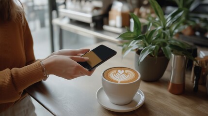 A woman is sitting at a table with a white coffee cup and a cell phone. The coffee cup has a design on it, and the woman is looking at her phone. The scene is casual and relaxed