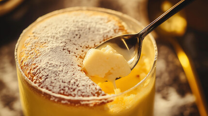 Spoon of creamy vanilla pudding with cocoa powder in glass dessert bowl, close-up macro view