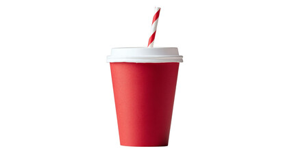 Red paper cup with white lid and striped straw isolated on white background