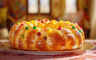Obraz premium RoscÃ³n de Reyes (Three Kings Bread) with candied fruit on a Spanish Epiphany celebration background