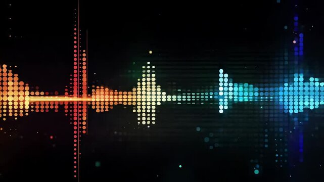Colorful, abstract image of a sound wave with red, yellow, and blue dots. Concept of energy and movement, as if the sound wave is vibrating and pulsing