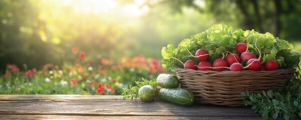 Fresh veggies on wooden table: basket with radishes, cucumbers, and lettuce in garden sunlight
