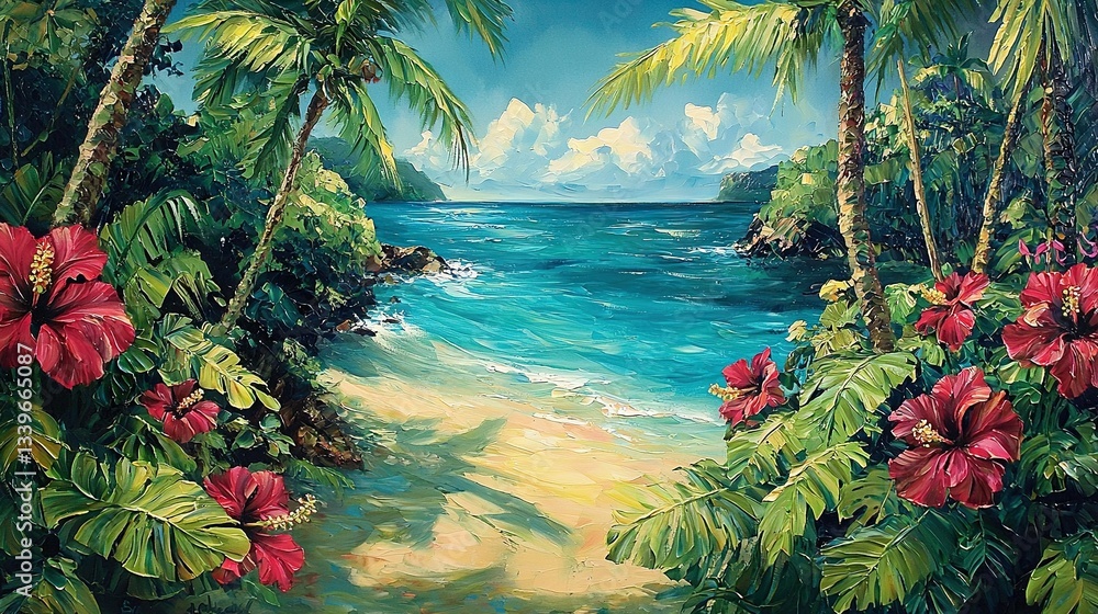 Poster a vibrant depiction of a beach paradise, featuring swaying palm trees and colorful flora in sharp fo