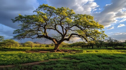 Fototapeta premium Majestic Tree in Golden Hour Meadow Landscape