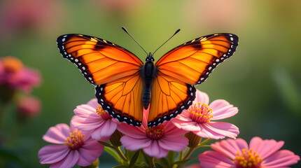 Stunning Orange Monarch Butterfly on Vibrant Pink Flowers Macro Photography