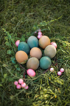 Colorful Easter eggs nestled in grass with pink accents