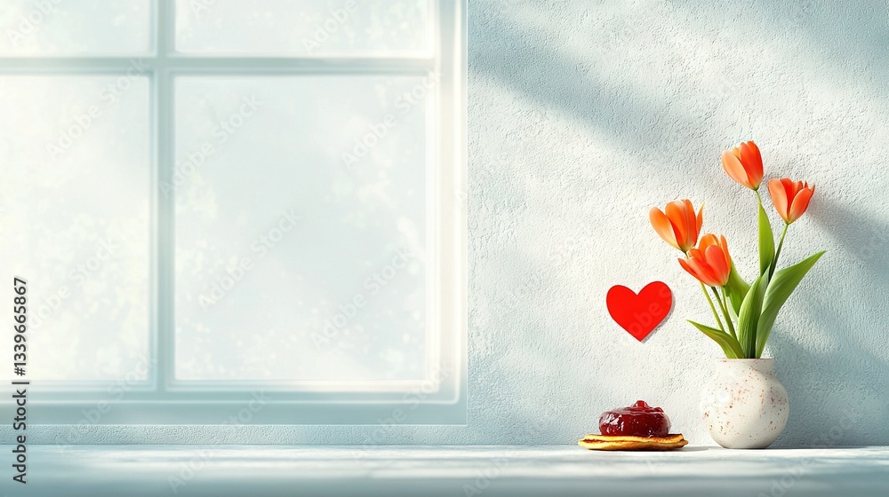 Poster a heart-shaped vase with tulips and a cracker on a window sill