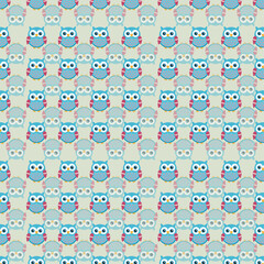 Adorable Blue and Pink Cartoon Owls with Floral Elements in Seamless Pattern