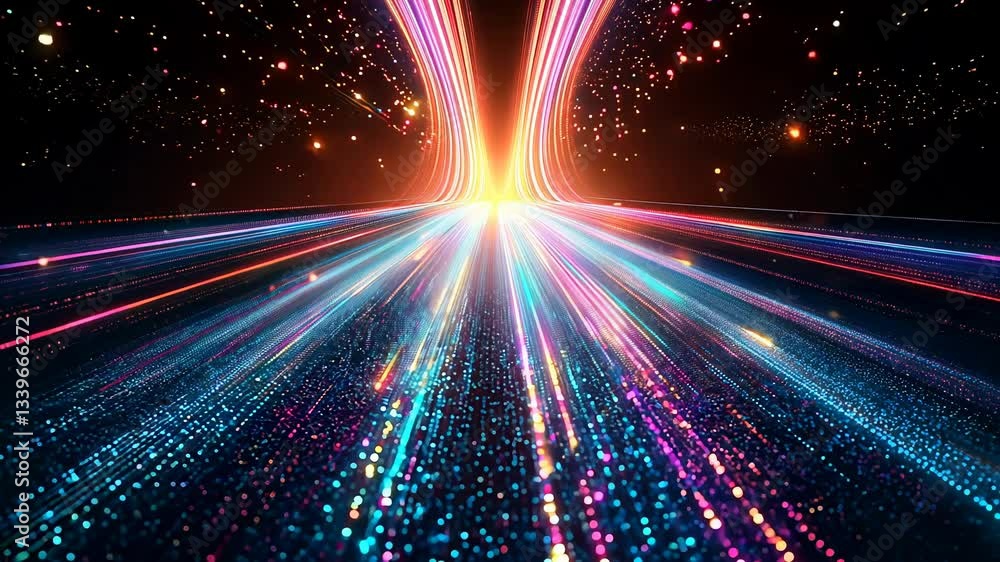 Poster colorful, glowing line of light is projected onto a dark background. the light is made up of many di