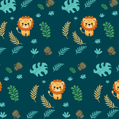 Adorable Cartoon Lions and Tropical Leaves Pattern on Dark Teal Background