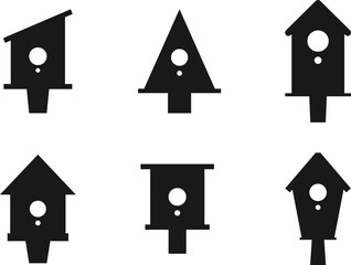 Set of birdhouse silhouettes with boards for fastening. Vector, transparent background