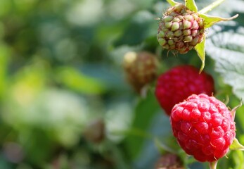Raspberry berries on a green background