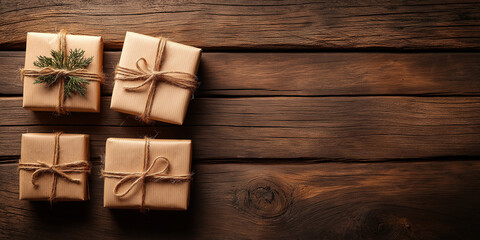 Fototapeta premium Rustic gift boxes on wooden surface with fern decoration