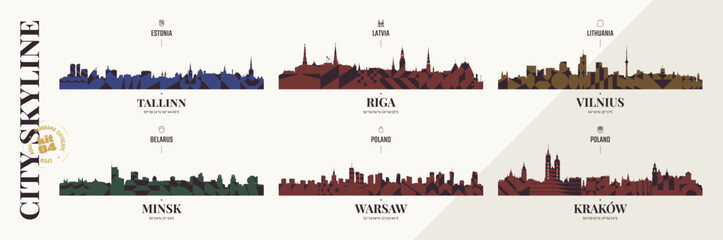Obraz premium City skyline silhouettes Tallinn, Riga, Vilnius, Minsk, Warsaw, Krakow, Panoramas of the Baltic and Polish cityscape horizon with abstract brutalism geometric pattern, detail urban landscape, kit 4