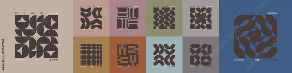 Aufkleber kit of postmodern geometric compositions with abstract shapes in brutalism aesthetics, mosaic of bru