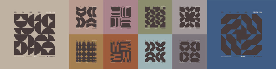 Kit of Postmodern geometric compositions with abstract shapes in brutalism aesthetics, mosaic of brutal figures, trendy color retro futuristic elements, vector modernist ornament, cards art 2