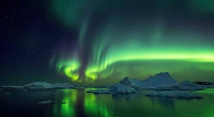 Captivating Aurora Borealis Reflection Over Arctic Water with Icebergs
