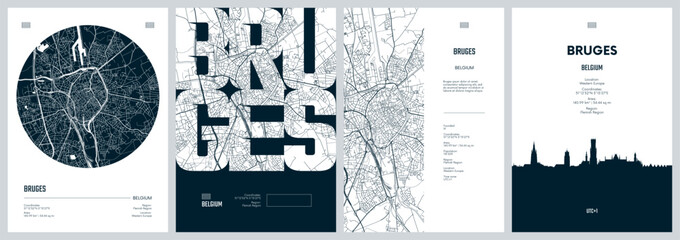 Fototapeta premium Set of travel posters with Bruges, detailed urban street plan city map, Silhouette city skyline, vector artwork