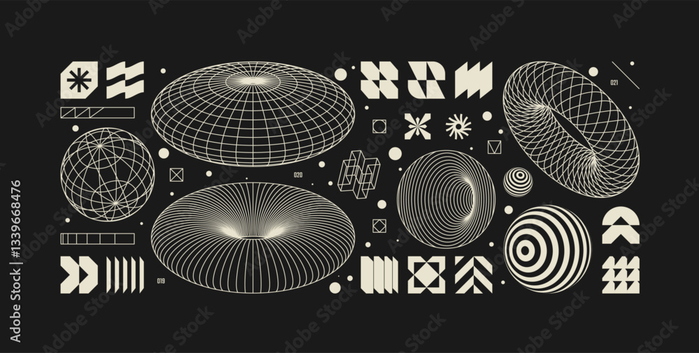 Fototapete vector graphic assets kit acid style, postmodern abstract geometric shapes with wireframe elements o