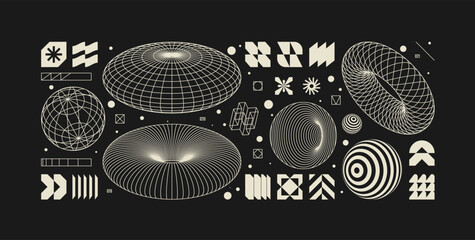 Vector graphic assets kit acid style, Postmodern abstract geometric shapes with wireframe elements of different forms, Y2K trendy design in brutalism aesthetic, template symbols set 7