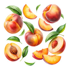 Watercolor Juicy Nectarine Slices Falling in Air Fresh Summer Fruit isolated on transparent background