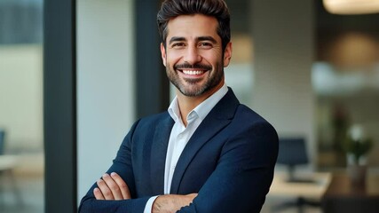 A confident businessman stands in a sleek office, arms crossed, embodying professionalism and success in todays fastevolving business landscape, illustrating resilience and adaptability