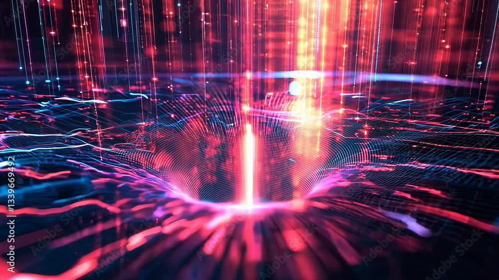 Poster computer generated image of a deep hole with a bright red glow. the image has a futuristic and other