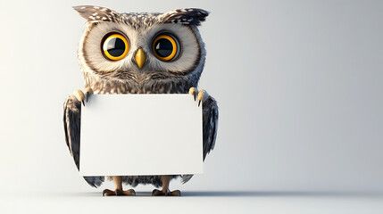Cute cartoon owl holding a blank sign against a minimalist background, ideal for custom messages