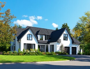 A family house with white walls, a black roof, and large windows. In front is an asphalt driveway, with green trees