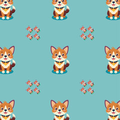 Cute Cartoon Corgi Dogs Pattern with Playful Paw Prints and Blue Background