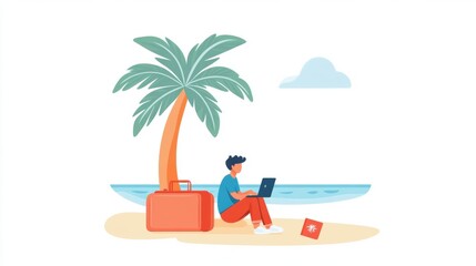 A digital nomad working remotely on a laptop at a tropical beach under palm trees. Freedom, remote work, and travel combined in a perfect work-life balance setting.